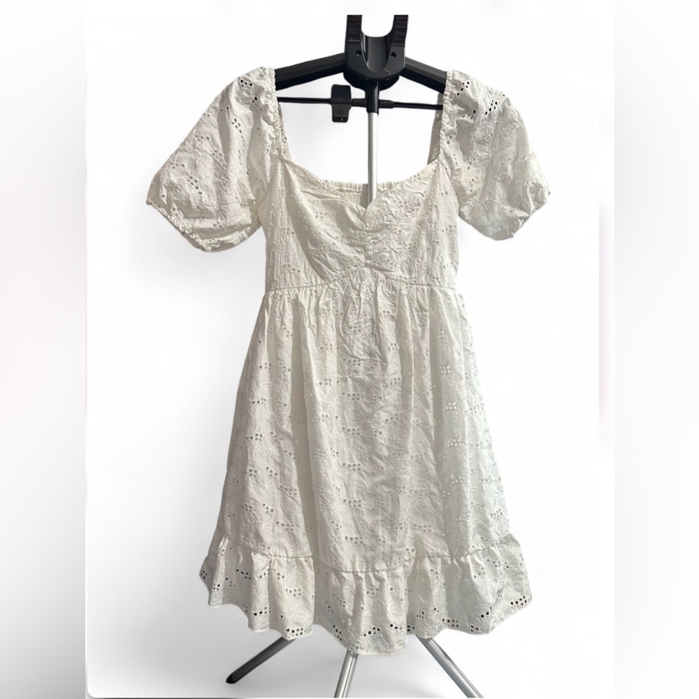 White Eyelet Puff Sleeve Mini Dress
